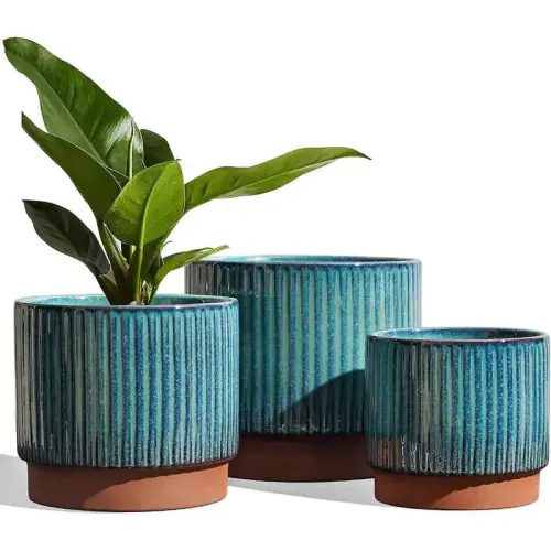 Ceramic Plant Pots with Drainage Holes, Set of 3, 8+6.5+5.5 Inch Stripe Garden Planter Pots, Round S