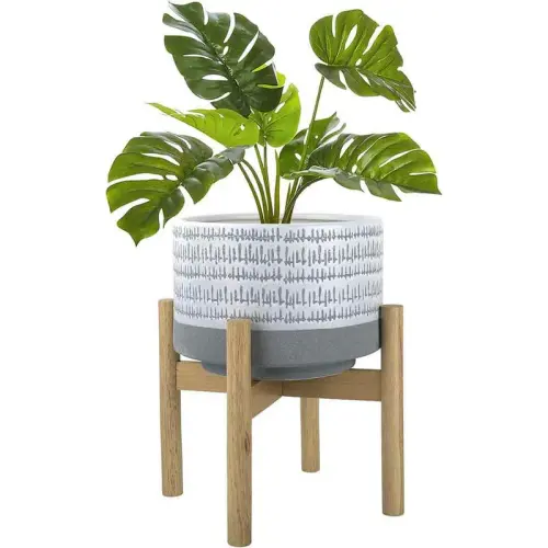 Ceramic Plant Pot with Stand 9.4 Inch Modern Cylinder Indoor Planter with Drainage Hole , Sandy Beig