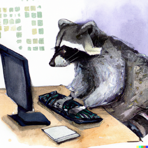 DALL·E 2023 10 27 07.30.33 A watercolour of a raccoon sitting at a computer working on some code.png