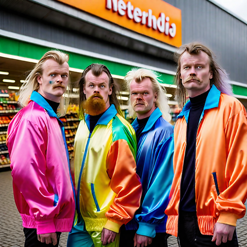 4 drunk netherlandic people in colourful silk training jackets and big mullets infront of an netherl.png
