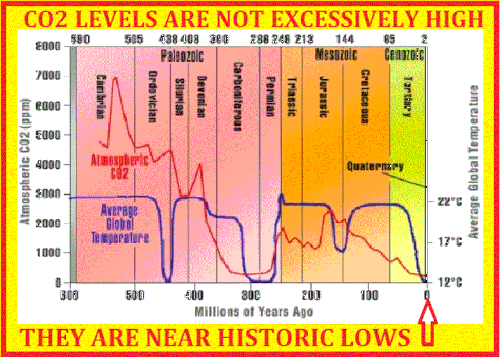 CO2 LEVELS ARE NOT EXCESSIVELY HIGH THEY ARE NEAR HISTORIC LOWS.gif
