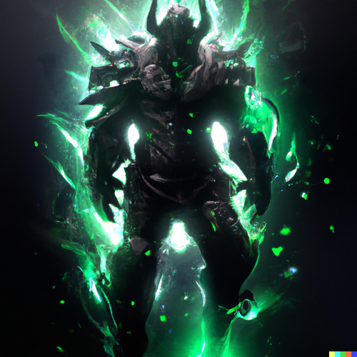 DALL·E 2023 12 11 20.24.12 Dark knight with green energy glowiing underneath dark armor, dark fantas.png
