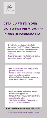 Detail Artist offers premium Paint Protection Film (PPF) services in North Parramatta. Trust us for meticulous application and superior protection, preserving your car's exterior against scratches, debris, and environmental damage with precision and expertise. https://goo.gl/maps/hFMsWyQHuWDYY8N4A