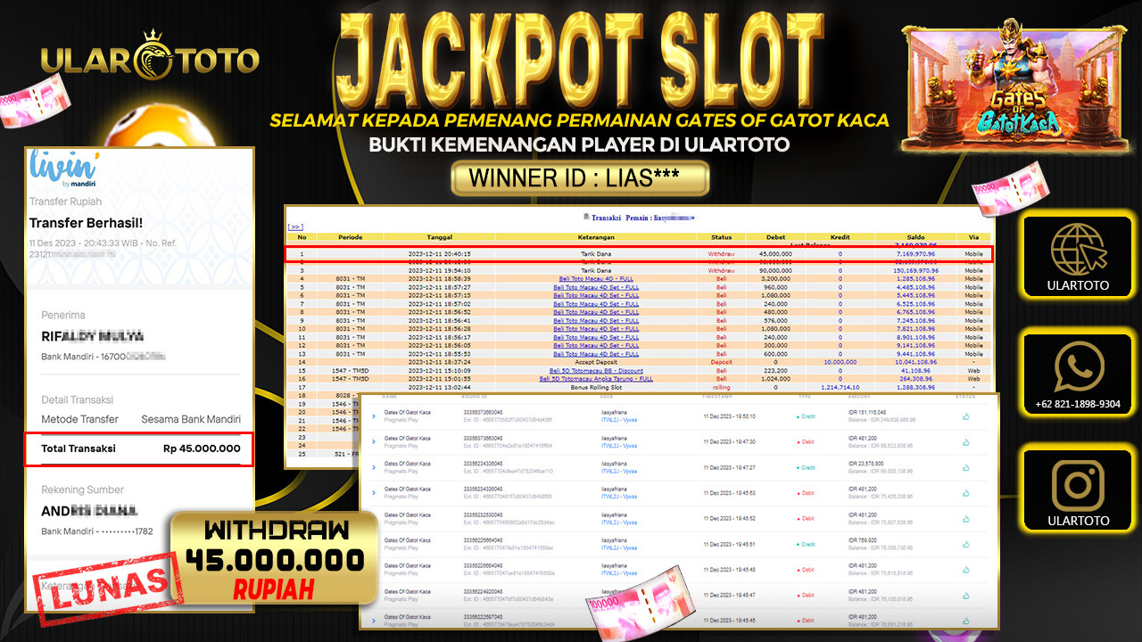 BUKTI PEMBAYARAN ULARTOTO HARI INI SLOT GAMES 12 DESEMBER 2023 Rp. 45.000.000, - LUNAS