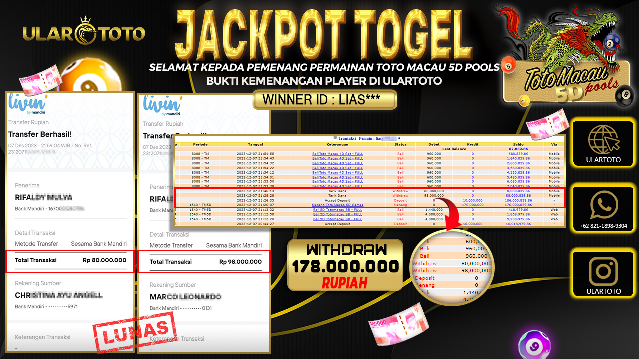 BUKTI PEMBAYARAN ULARTOTO TOTO MACAU POOLS 9 DESEMBER 2023 Rp. 178.000.000 - LUNAS