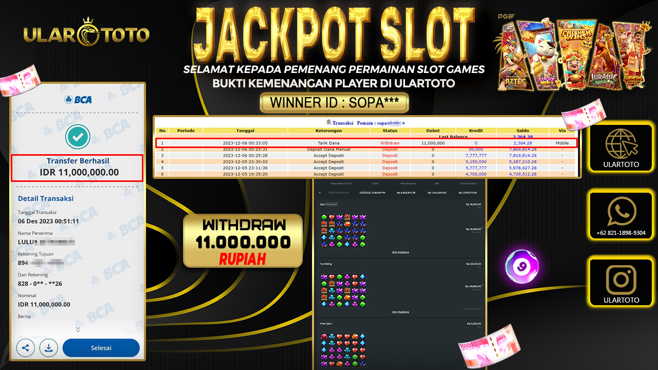 BUKTI PEMBAYARAN ULARTOTO HARI INI SLOT GAMES 9 DESEMBER 2023 Rp. 11.000.000, - LUNAS