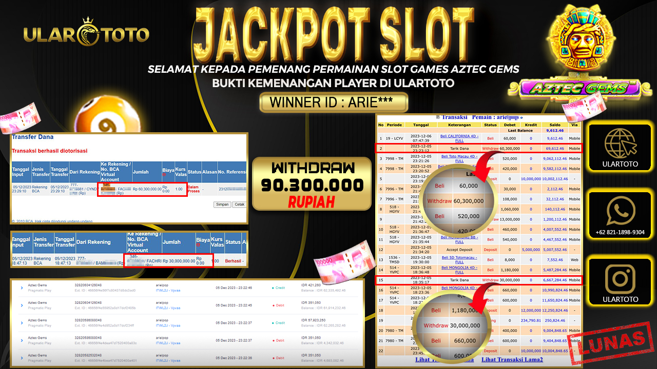 BUKTI PEMBAYARAN ULARTOTO HARI INI SLOT GAMES 9 DESEMBER 2023 Rp. 90.300.000, - LUNAS