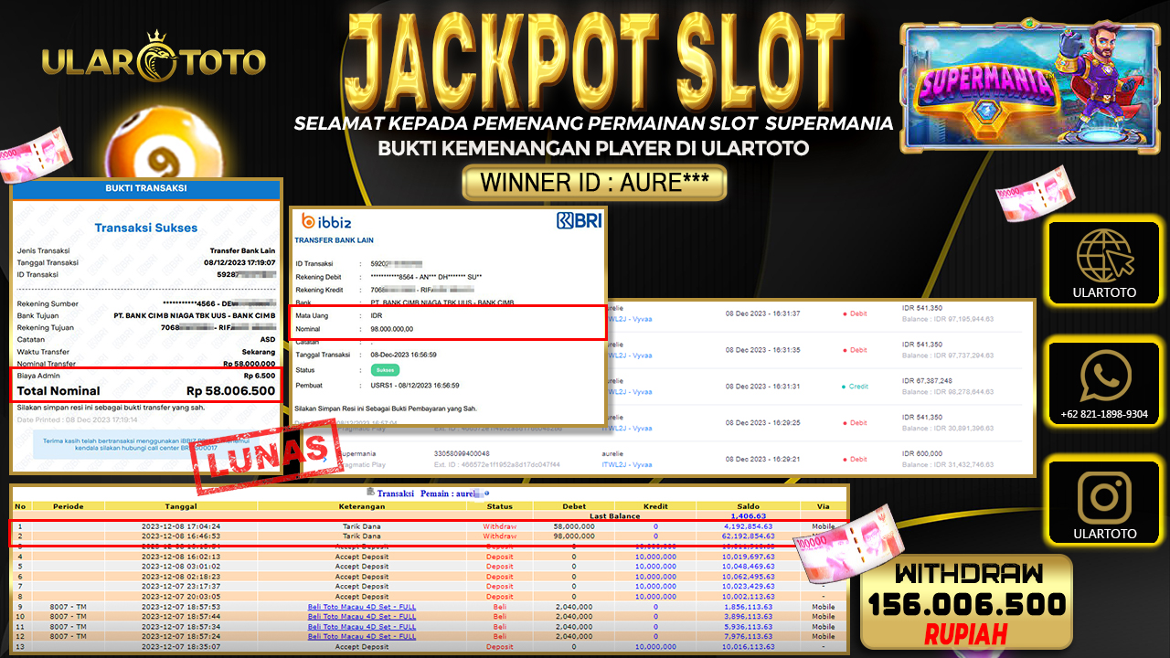 BUKTI PEMBAYARAN ULARTOTO HARI INI SLOT GAMES 9 DESEMBER 2023 Rp. 156.006.500, - LUNAS