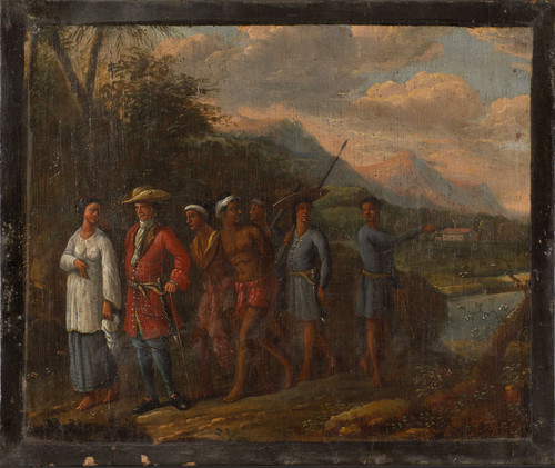 Unknown Голландский купец с рабами из Вест Индии, холмистый пейзаж, 1725, 48 cm х 57,2 cm, Холст, ма