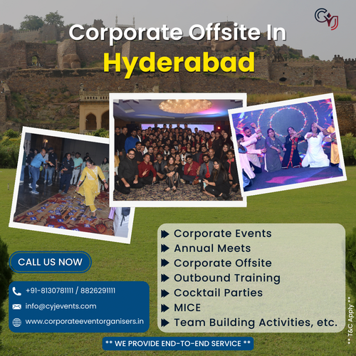 Elevate your team's chemistry with CYJ Events, Corporate Team Building in Hyderabad! Explore top-notch Corporate Offsite Venues in Hyderabad for a refreshing change of scenery. From dynamic team outings to meticulously planned offsite tours, CYJ Events offers tailored solutions to enhance teamwork and productivity. Discover premium conference venues and offsite MICE options meticulously curated to meet your corporate needs. Trust CYJ Events to create unforgettable experiences and strengthen bonds within your team. Contact us today @ 8130781111 or 8826291111, for the best Corporate Team Building in Hyderabad! Website: https://www.corporateeventorganisers.in/corporate-offsite-venues-in-hyderabad.php