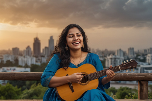 Default A woman wearing a blue saree is playing the guitar She 0.jpg
