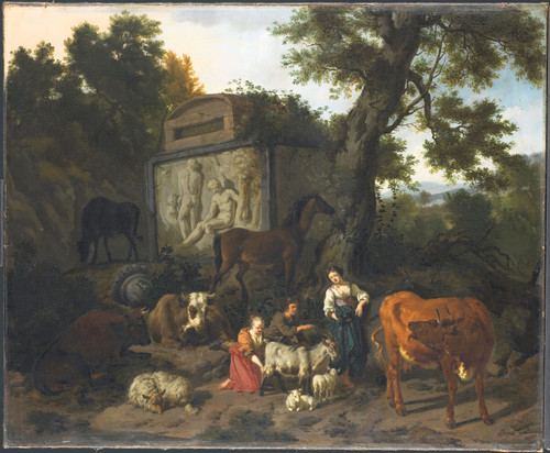 Bergen, Dirck van Пейзаж с пастухами и скотом у гробницы, 1690, 66 cm х 80 cm, Холст, масло