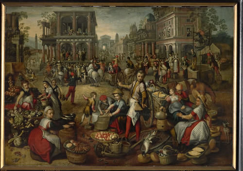 Beuckelaer, Joachim (копия) Рыночная площадь, на заднем плане Бичевание, Ecce homo и Голгофа, 1590, 