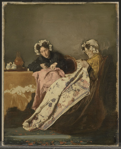 Bakker Korff, Alexander Hugo Две женщины шьют, 1882, 24 cm x 20 cm, Дерево, масло