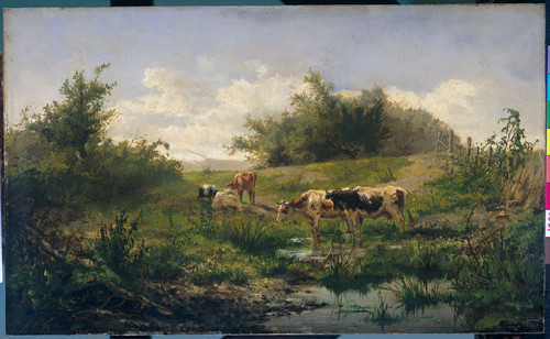 Bilders, Albert Gerard Коровы в луже, 1858, 27,5 cm х 45,3 cm, Дерево, масло