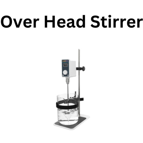 An overhead stirrer, also known as a overhead mixer or overhead stir, is a laboratory device used to mix, homogenize, or stir solutions or suspensions in various containers such as beakers, flasks, or reactors. It consists of a motor attached to a stand that suspends a rotating shaft with a mixing element, such as a paddle or propeller, above the vessel containing the liquid to be stirred.