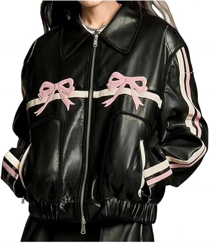 Women's Bow Leather Jacket,Zipper Polo Neck Sweet Cool Coat,Oversized Vintage Black Biker Jacket Str.jpg
