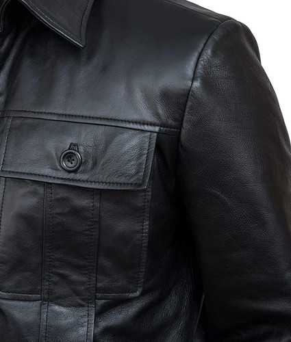 Men Vintage Shirt Collar Leather Jacket Men Black Trucker Jacket 1.jpg