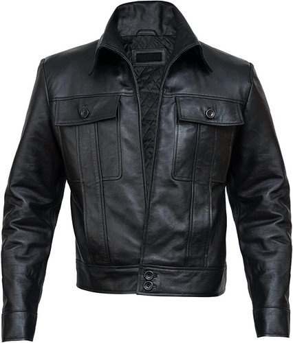 Men Vintage Shirt Collar Leather Jacket Men Black Trucker Jacket 0.jpg