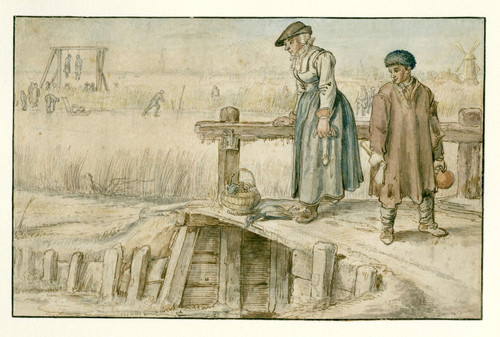 Avercamp, Hendrick Женщина и мальчик на мосту, 1595, 152mm х 238mm, pen in bruin