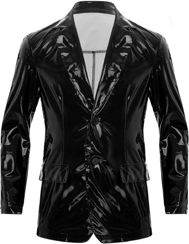 Men's Shiny Metallic PVC Leather Blazer Jacket Suit Lapel Long Sleeves Jacket Coats 2.jpg