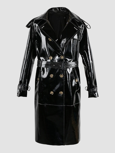 Nerazzurri Autumn Long Shiny Black Red Patent Pu Leather Trench Coat for Women Belt Double Breasted .jpg