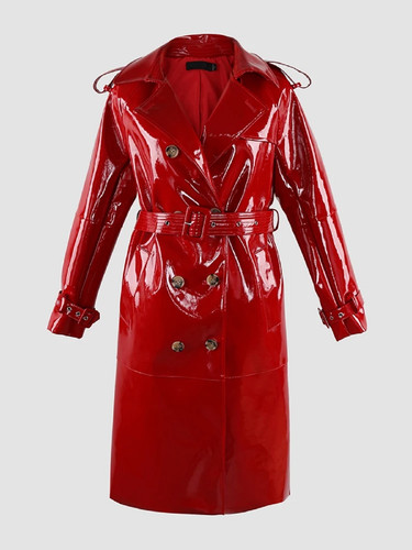 Nerazzurri Autumn Long Shiny Black Red Patent Pu Leather Trench Coat for Women Belt Double Breasted .jpg