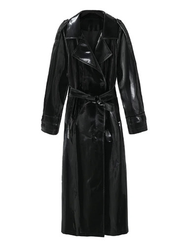 Shiny Patent Leather Turn down Collar Trench Coat with Belt for Women Gothic Faux Latex PU Long Slee.jpg