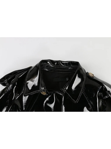 Nerazzurri Autumn Long Shiny Black Red Patent Pu Leather Trench Coat for Women Belt Double Breasted .jpg