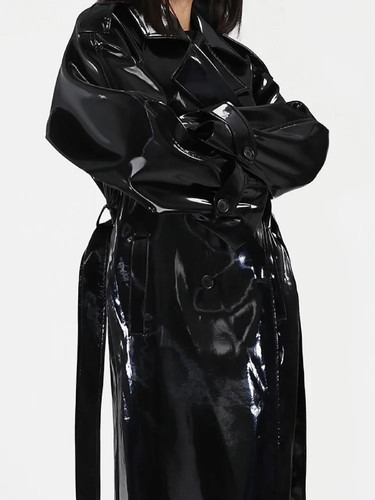 Shiny Patent Leather Turn down Collar Trench Coat with Belt for Women Gothic Faux Latex PU Long Slee.jpg