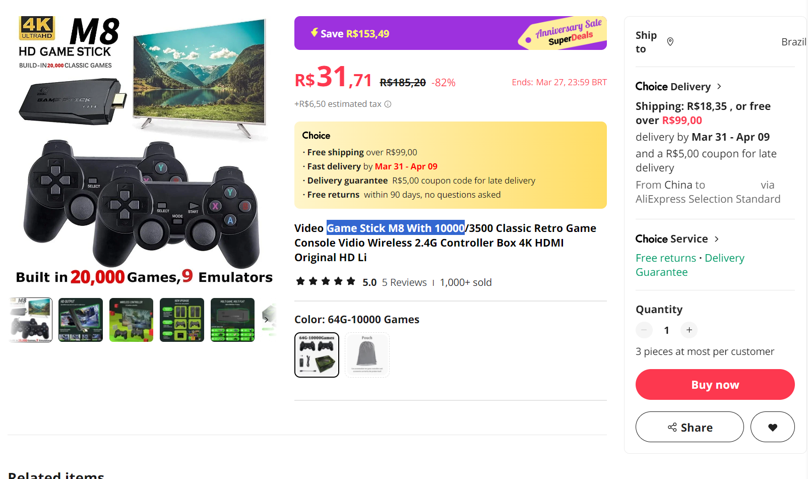 [Ali] Game Stick M8 com 10000 jogos e 2 controles (R$38,21 com impostos)