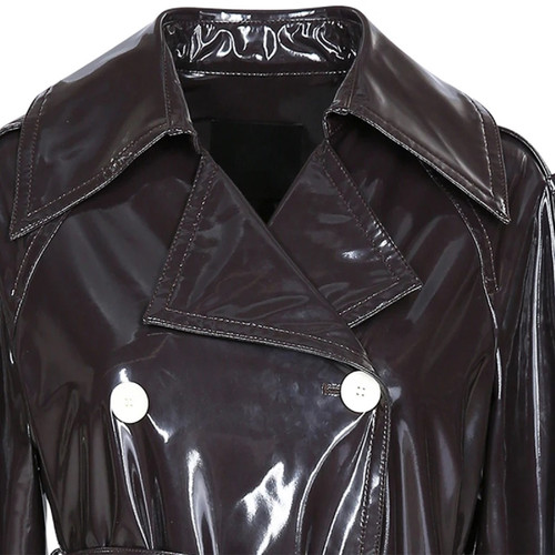 Nerazzurri Long waterproof black patent leather trench coat for women 2020 double breasted iridescen.jpg