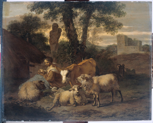Does, Simon van der Итальянский пейзаж с пастушкой и скотом, 1708, 32,5 cm х 41 cm, Дерево, масло