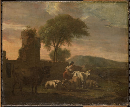 Does, Simon van der Итальянский пейзаж с пастушкой и скотом, 1712, 52 cm х 63 cm, Холст, масло