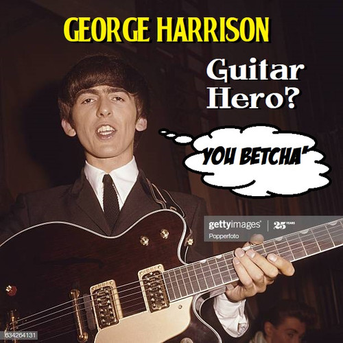 English musician and guitarist with The Beatles, George Harrison (1943-2001) holds his Gretsch 6122 .jpg