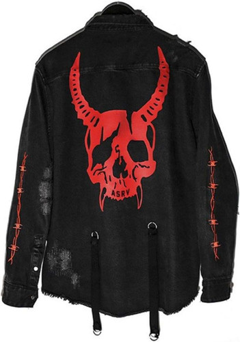 ebossy Men's Skull Cobra Print Hipster Hip Hop Distressed Frayed Denim Jean Jacket 0.jpg