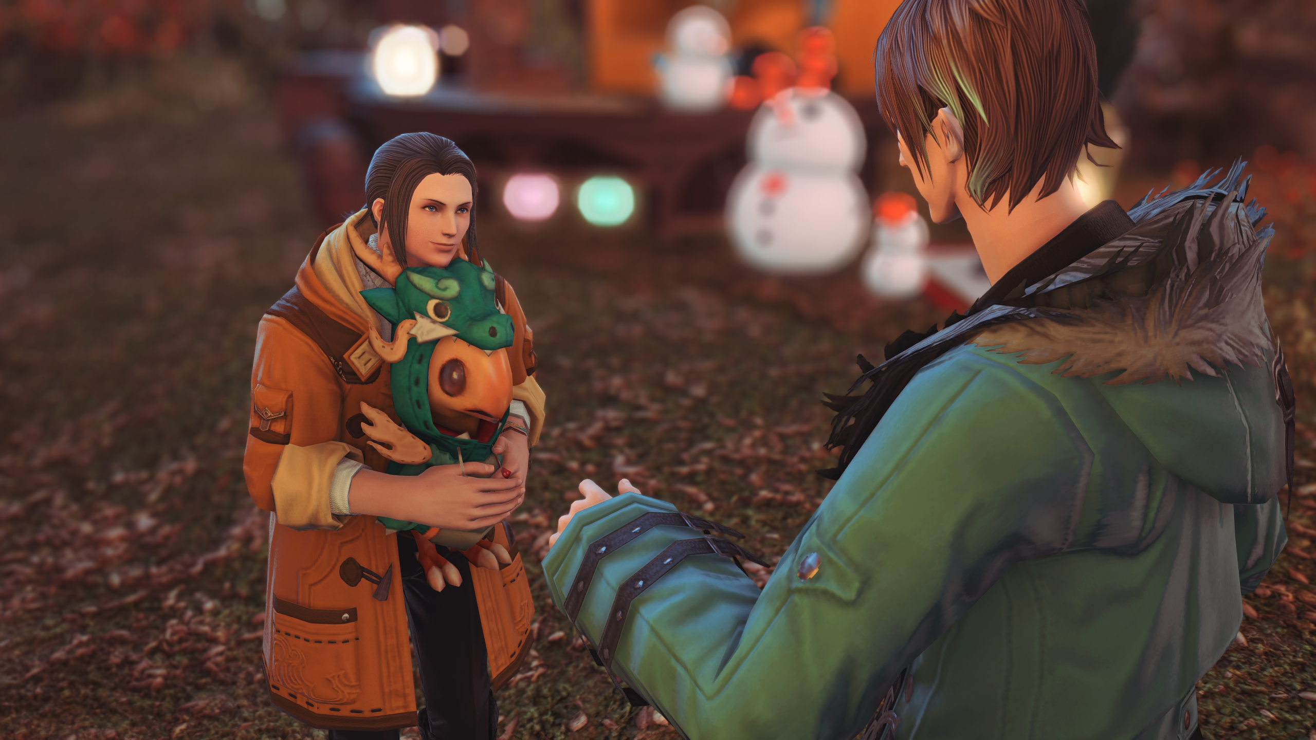 Sanson holding the chocobo dragon plushie and looking up at Guydelot with sweet pleading eyes.