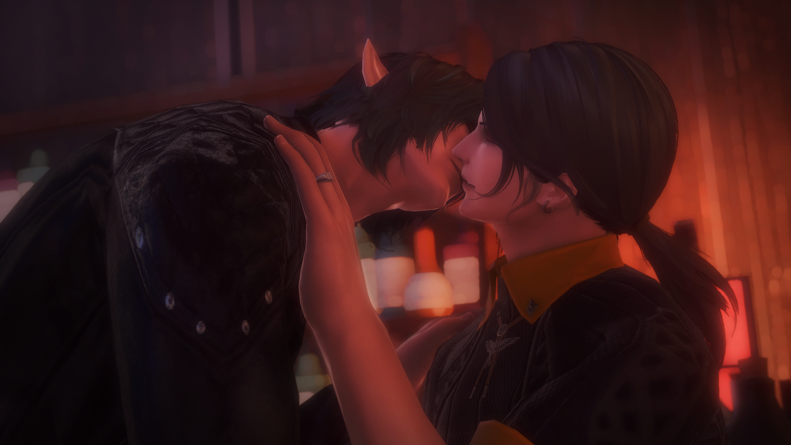 An older Sanson and Guydelot kissing in a dim hotel bar. Sanson's wedding ring is in full view.