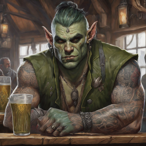 male half orc with grey green skin covered in tattoos wearing modest clothes at a tavern fantasy 2.png