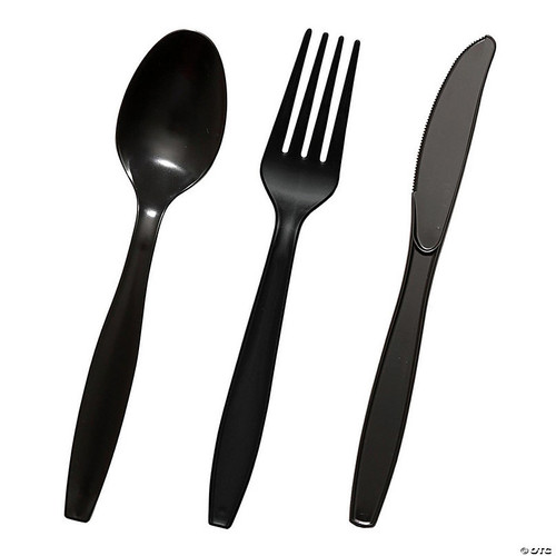 600 pc black disposable plastic cutlery set spoons forks and knives 200 guests~14274528.jpg