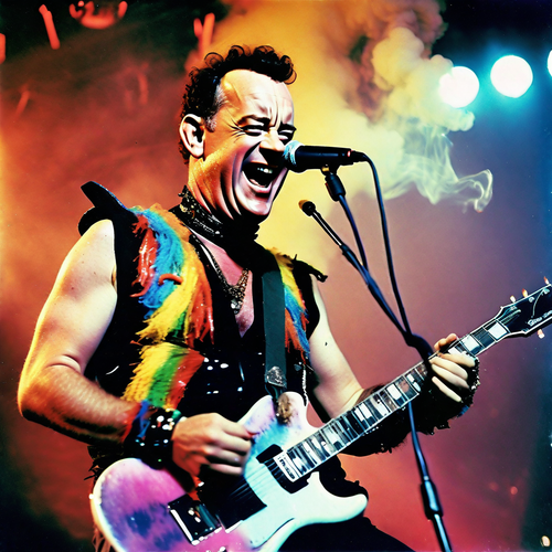 happy tom hanks with very short hair dressed as colourful heavy metal singer on stage fire and smok(.png