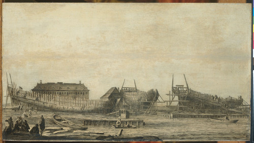 Bakhuysen, Ludolf Верфи адмиралтейства в Амстердаме, 1660, 38 cm х 69 cm, Дерево, чернила