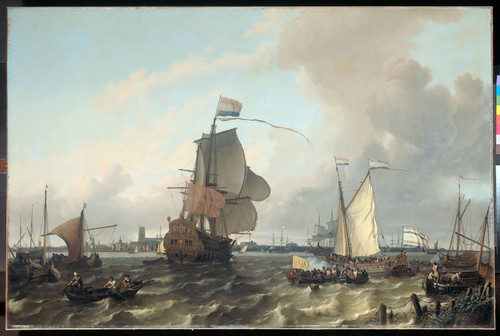 Bakhuysen, Ludolf Военный корабль 'Брил' на реке Маас в Роттердаме, 1689, 130 cm х 197 cm, Холст, ма