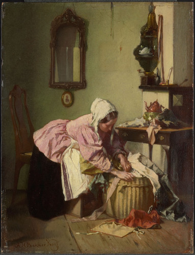 Bakker Korff, Alexander Hugo Корзина с бельём, 1882, 21 cm х 16 cm, Дерево, масло