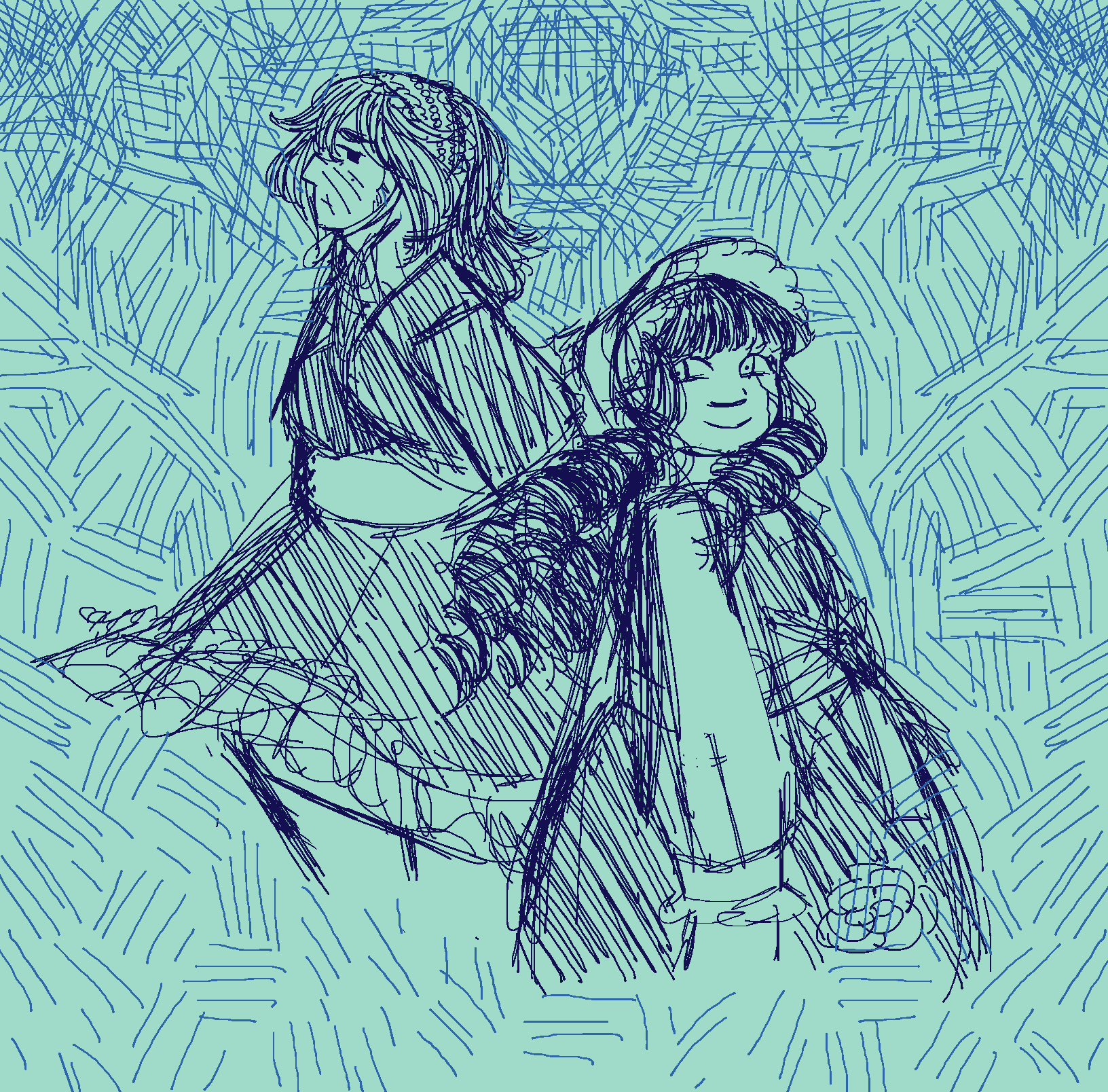 A blue and mint doodle of Jirair and Adeola standing back to back, Adeola smiles at the viewer