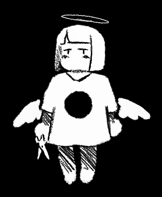 a doodle of Hope from HalOPE on a black background, they're all paper white and wears a loose dress with short sleeves. Its hair is a short bob. They have a halo and a pair of small wings. It's holding a pair of scissors at its side