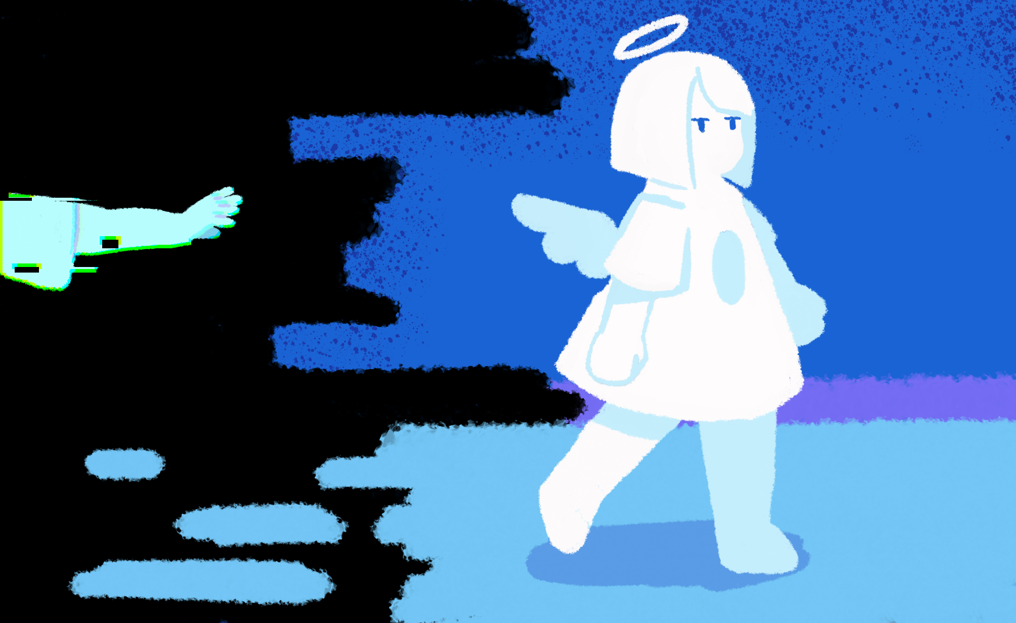 A drawing of Hope walking down a blue hallway, the back half degrades into a black void. A glitching blue hand is reaching out to them.