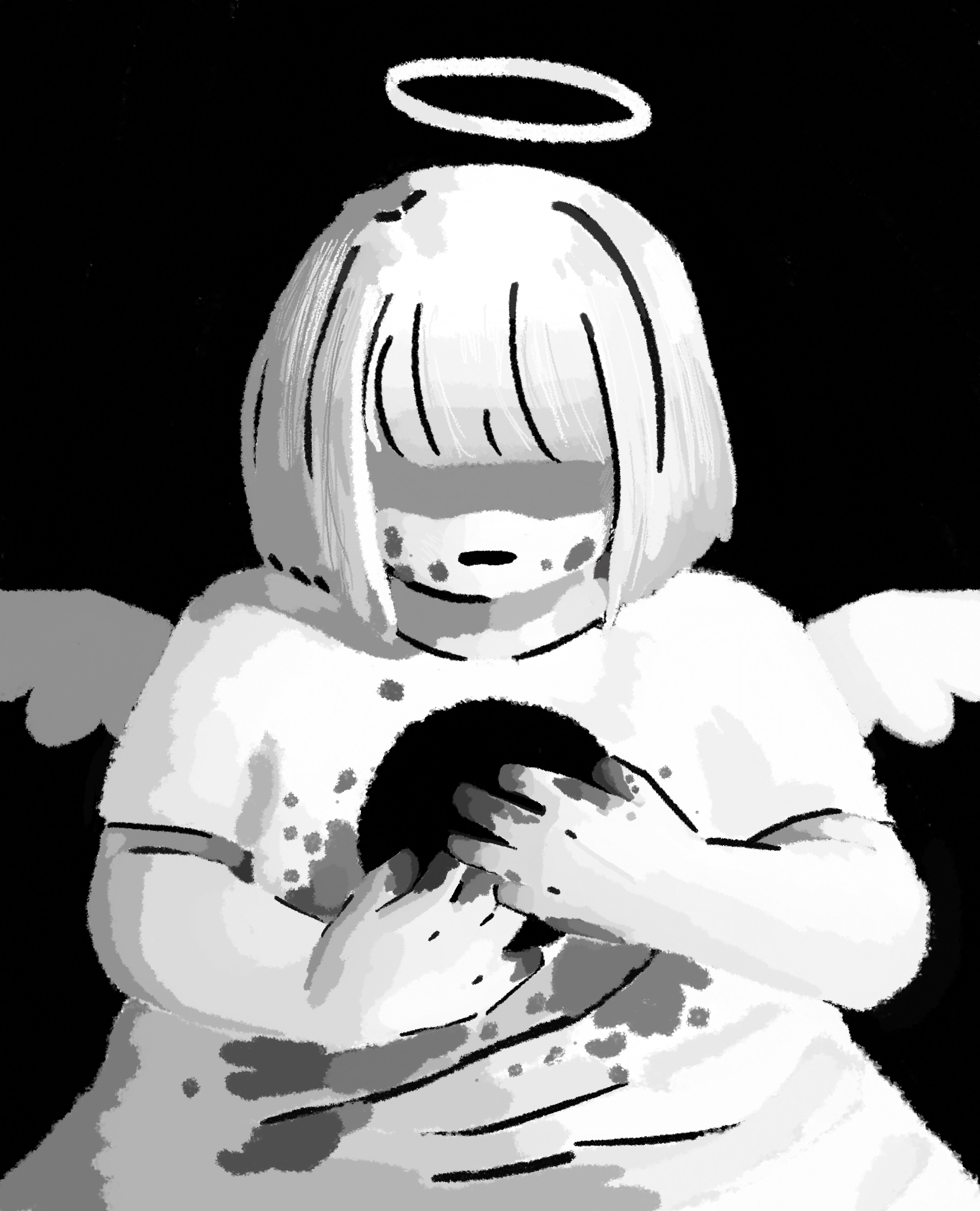 A monochrome digital illustration of an angel wearing an oversized shirt, a bob cut, and a large hole in their torso. it's looking down at its stained hands and shirt.