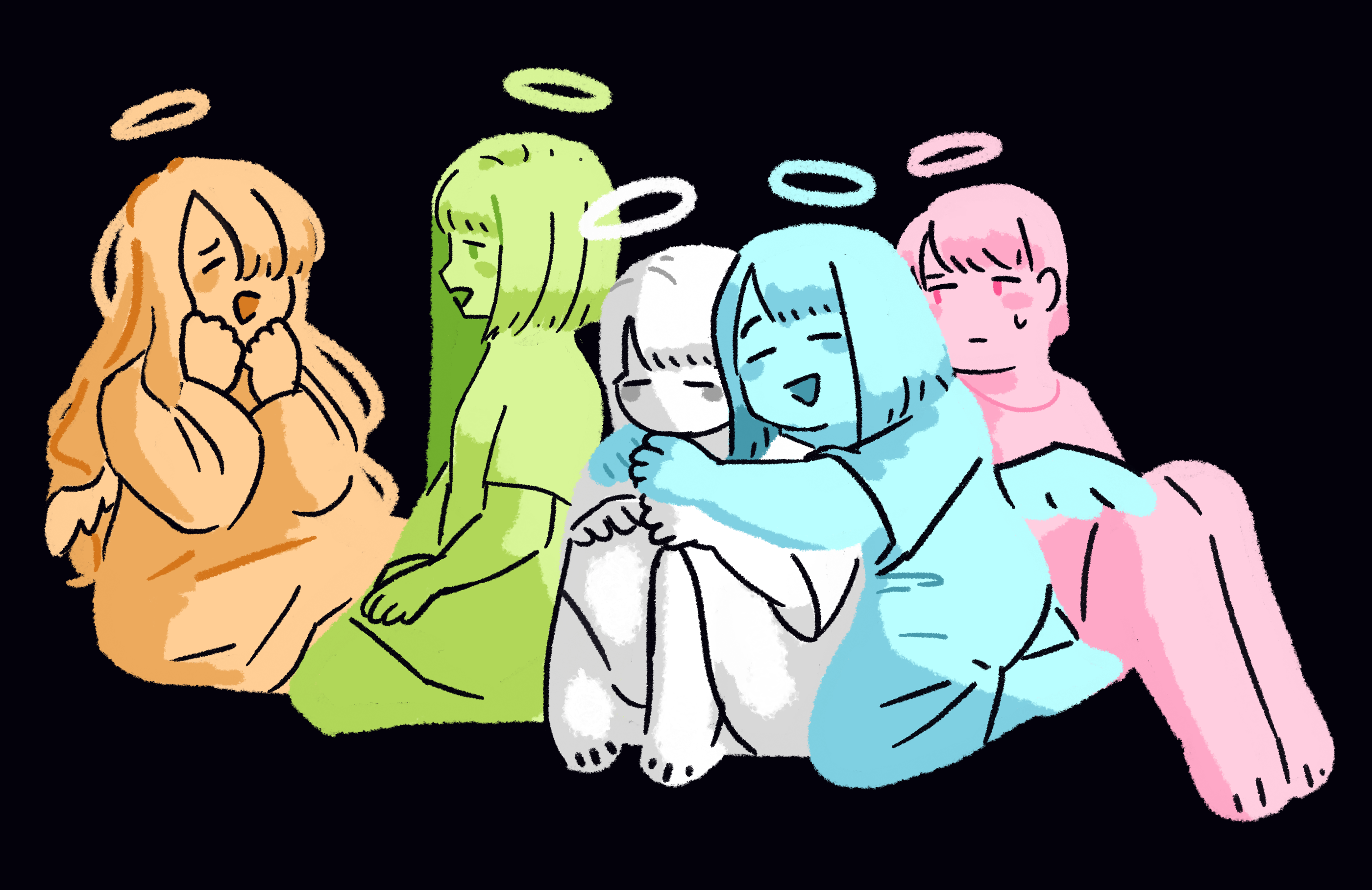 A doodle of angels named Community (orange), Reconciliation (green), Hope (white), Maturity (blue), and Regret (pink) sitting together.
