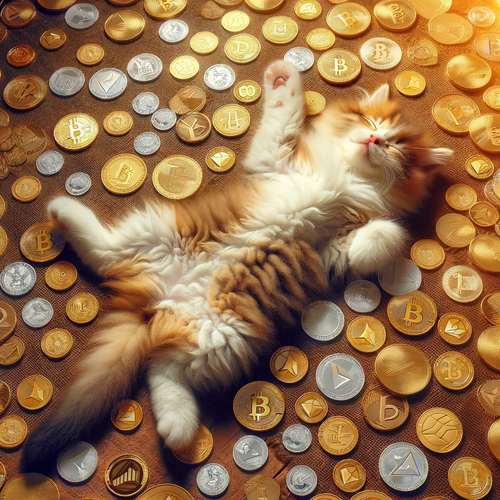 DALL·E 2024 01 14 05.52.42 An adorable fluffy cat is fast asleep amidst a vast sea of various shiny .png
